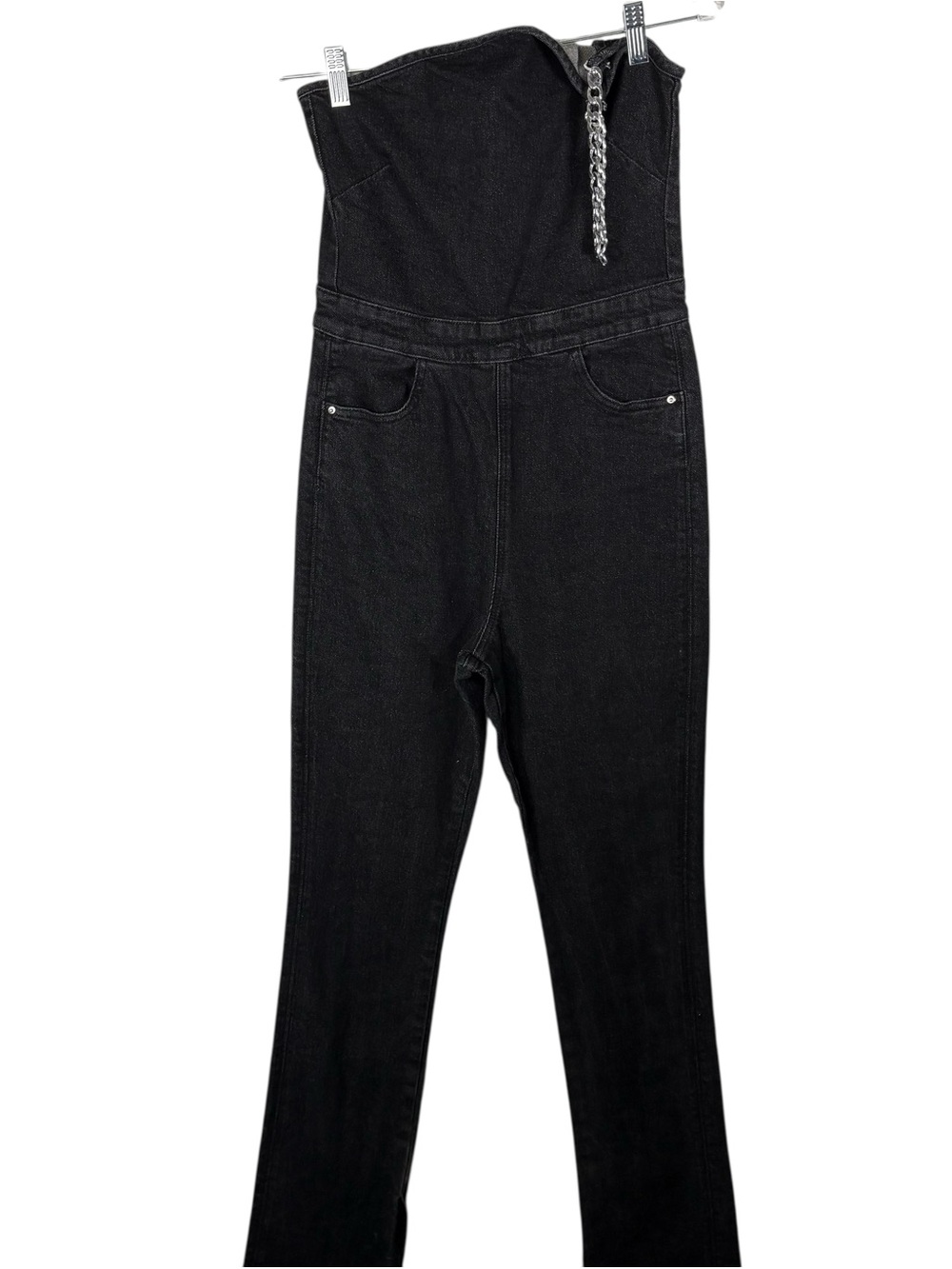 WeWoreWhat Black Denim One Shoulder Jumpsuit Womens 6 Chain Detail Zipper Back